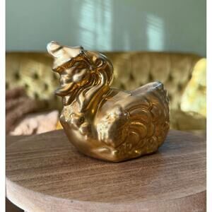 Vintage Gold Mother Goose Planter, Duck wearing flower hat planter